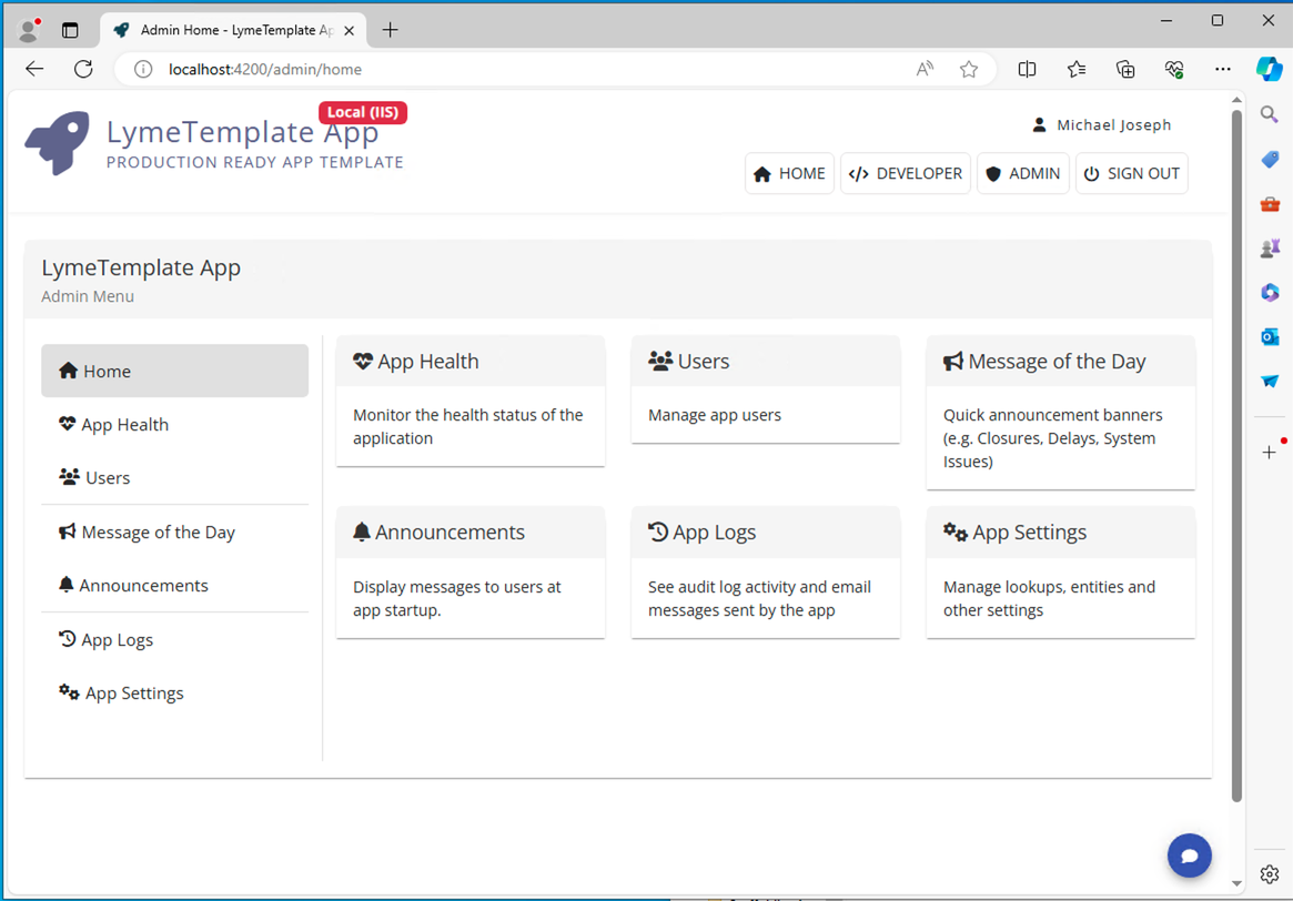 Admin Area Home Page Screenshot