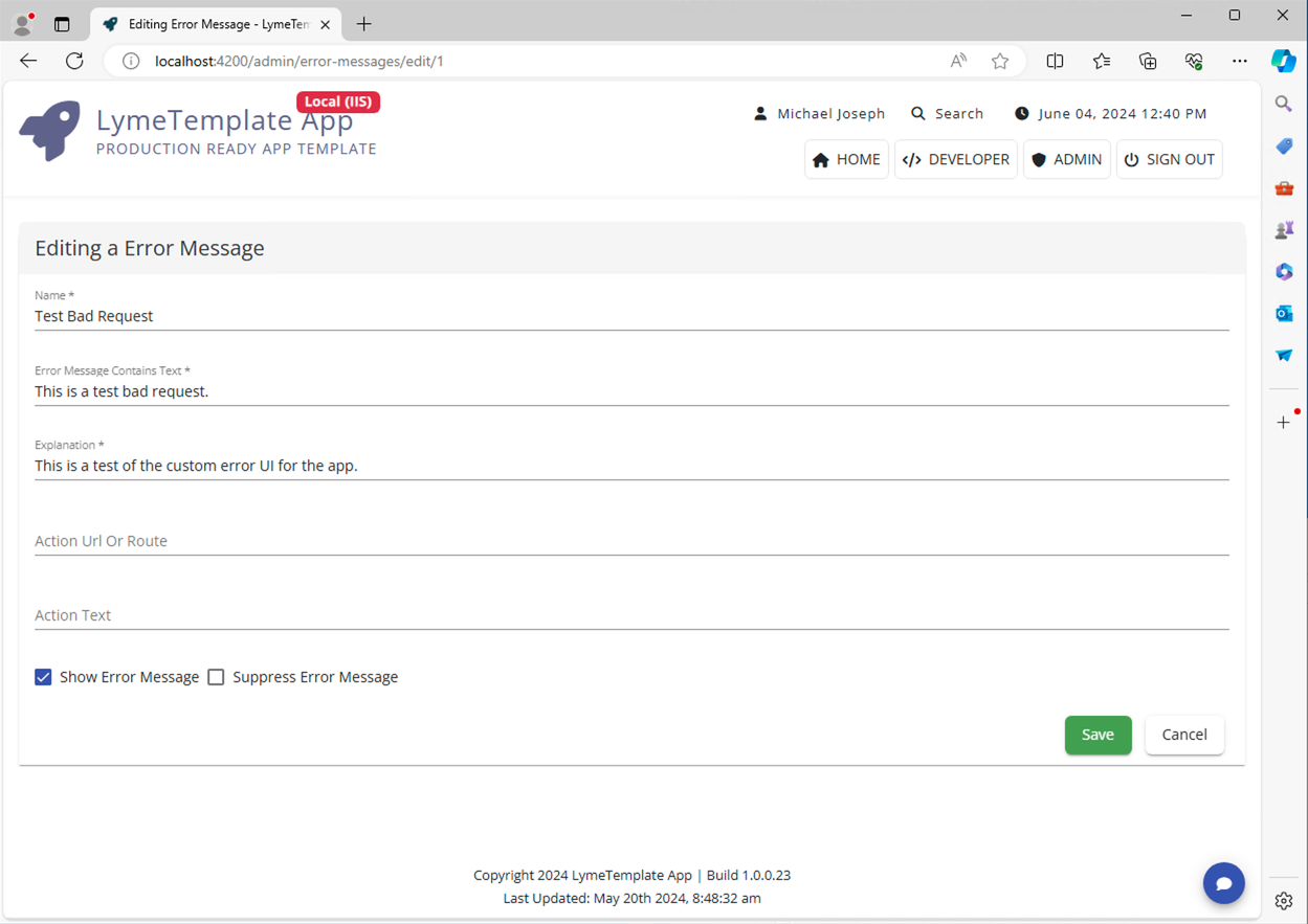 Custom Error Message Data Entry Form