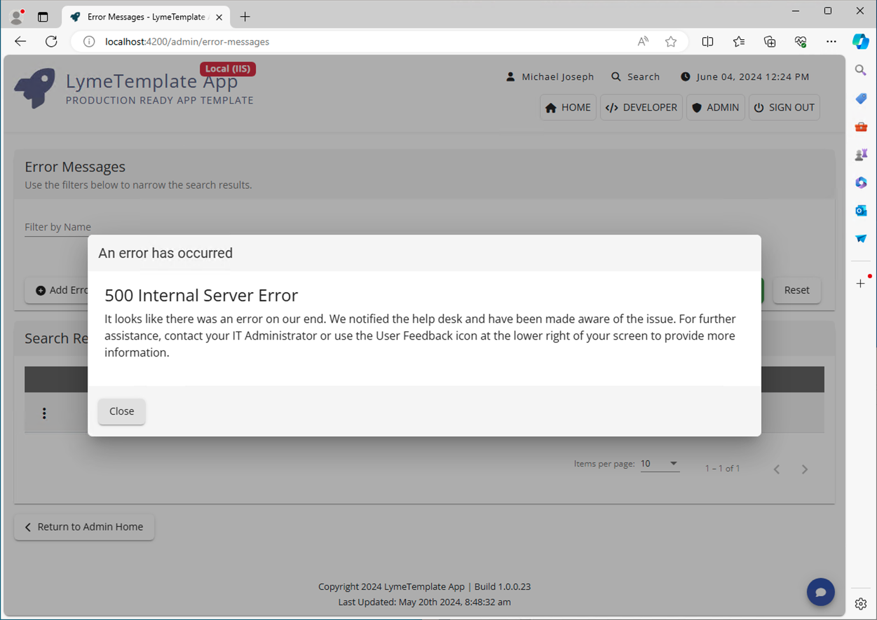User Error Message