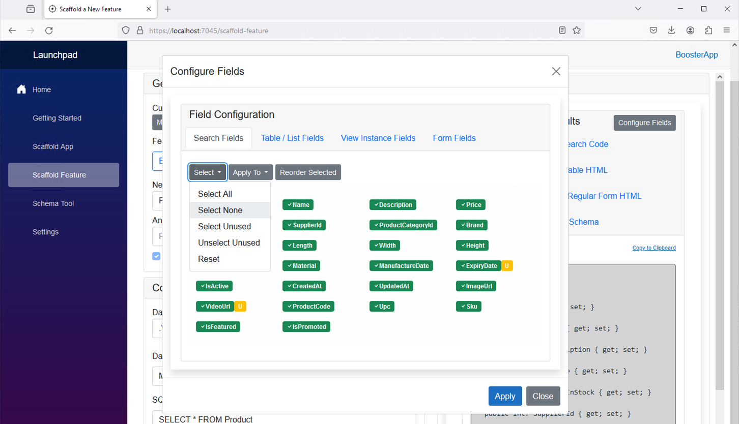 Screenshot of the Modal with all fields selected and the Select menu expanded.