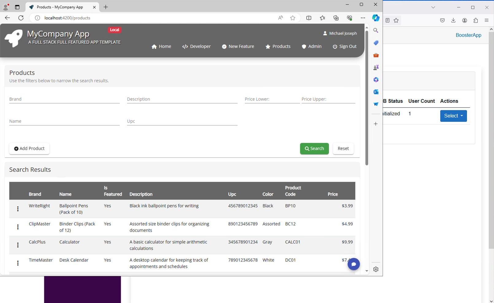 Screenshot of the Products Feature
